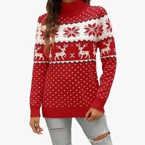 LYHNMW Women’s Holiday/Christmas Sweater Snowflake Reindeer Long Sleeve Size Med